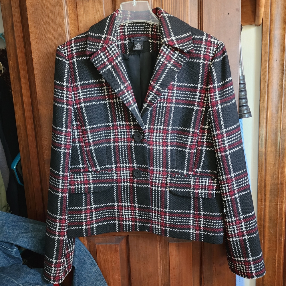 Madison Studio Black and Red Plaid Blazer